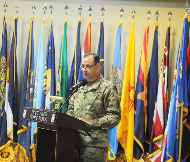 Command Sgt. Maj. Michael C. Henry, Joint Readiness Training Center and Fort Polk post command sergeant major, speaks at the 2020 Noncommissioned Officer of the Year and Soldier of the Year ceremony held June 3 at the Warrior Center.