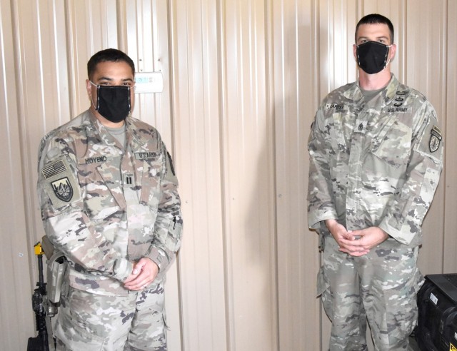 Capt. Miguel Moyeno, team leader, Bravo Company, 1st Battalion, 4th Security Force Assistance Brigade and former commander of Fort Polk’s Alpha Company, 3rd Battalion, 353rd Infantry Regiment (left), and 1st Sgt. Matthew Carter, B Co, 1st Bn,...