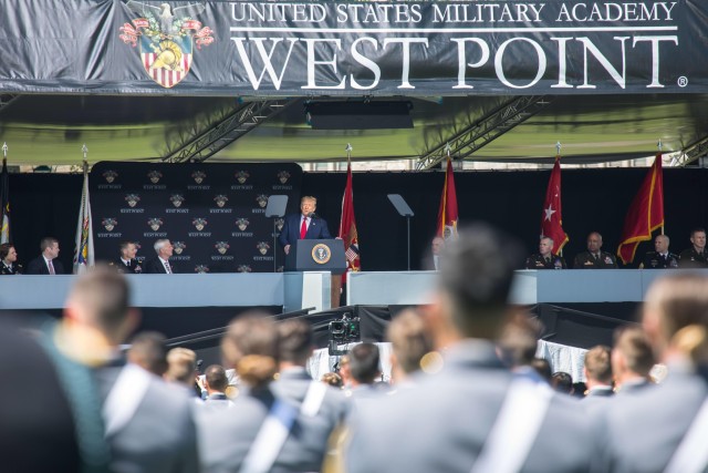 The U.S. Military Academy at West Point held its graduation and commissioning ceremony for the Class of 2020 on The Plain in West Point, New York, June 13, 2020. This year, 1,113 cadets graduated. Among them were 12 international cadets. The class includes 229 women, 132 African-Americans, 103 Asian/Pacific Islanders, 102 Hispanics and 10 Native Americans. There are 143 members who attended the U.S. Military Academy Preparatory School (125 men and 18 women). There are 59 class members who are prior service, eight of those are combat veterans. In attendance were commencement speaker President Donald J. Trump, Secretary of the Army Ryan D. McCarthy and Chief of Staff of the Army Gen. James C. McConville. (U.S. Army Photo by Michelle Eberhart)