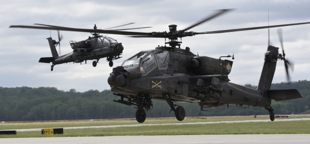 U.S. Army AH-64 Apache helicopters from the 4th Infantry Division&#39;s 4th Combat Aviation Brigade used Wright-Patterson Air Force Base, Ohio, as a stopover May 20, 2020.  The helicopters are in transit from their home post of Fort Carson, Colo., to Fort Drum, N.Y.