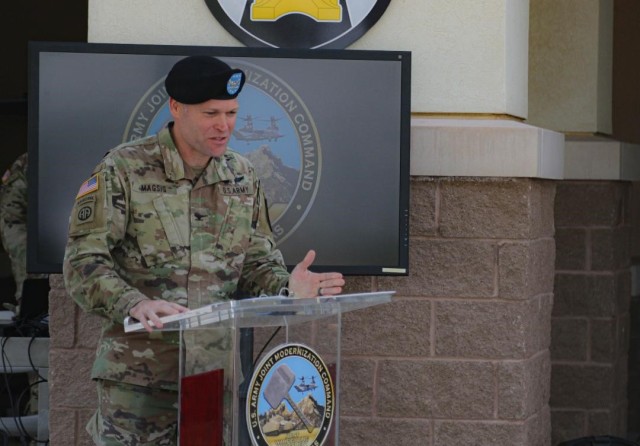 Col. Tobin Magsig speaks during Joint Modernization Command's change of command ceremony on June 15 in front of JMC headquarters on Fort Bliss, Texas. Col. Magsig is the new commander of JMC. (Photo by Cpl. William Dickinson)