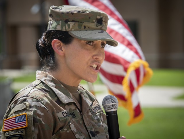 U.S. Army Lt. Col. Andrea Castillon, Warrior Transition Battalion commander, delivers remarks during a tree dedication ceremony at Fort Sam Houston, Texas, June 3, 2020. The WTB will be renamed as the Soldier Recovery Unit on June 23, 2020. (U.S....