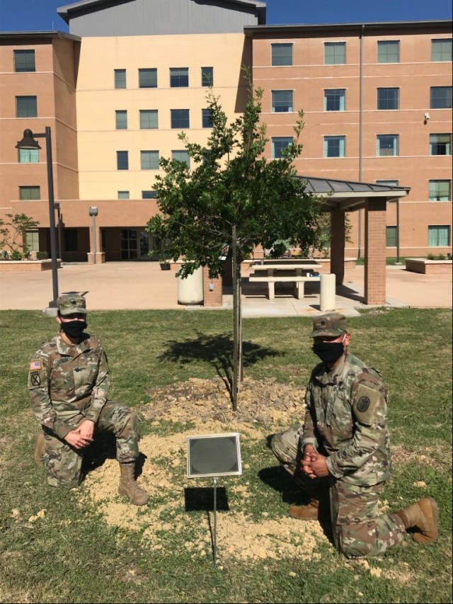 U.S. Army Lt. Col. Andrea Castillon, Warrior Transition Battalion commander, left, and Command Sgt. Maj. Gabriel Camacho put the finishing touches on a tree dedicated to all who previously and currently served in the unit at Fort Sam Houston,...