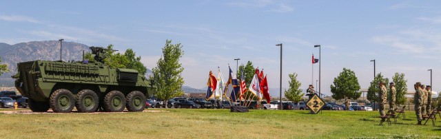 Leaders from the 2nd Stryker Brigade Combat Team, 4th Infantry Division and the 4th Inf. Div., salute the flag, June 15, 2020, during 2nd SBCT’s re-designation ceremony on Fort Carson, Colo. The 2nd Brigade Combat Team, formally known as an infantry brigade, announced its conversion from infantry to Stryker in September of 2018. 