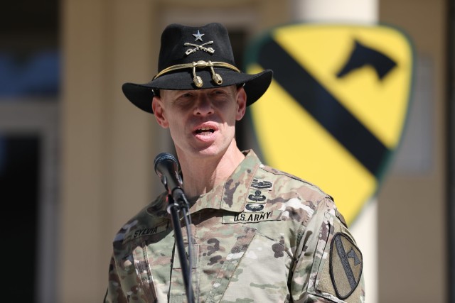 Brigadier Gen. Brett Sylvia, 1st Cavalry Division Forward commanding general, speaks during a Transfer of Authority ceremony June 1, 2020, in Poznan, Poland, as the 1st Infantry Division Forward relinquished authority for the mission command element within the Atlantic Resolve area of responsibility to the First Team.