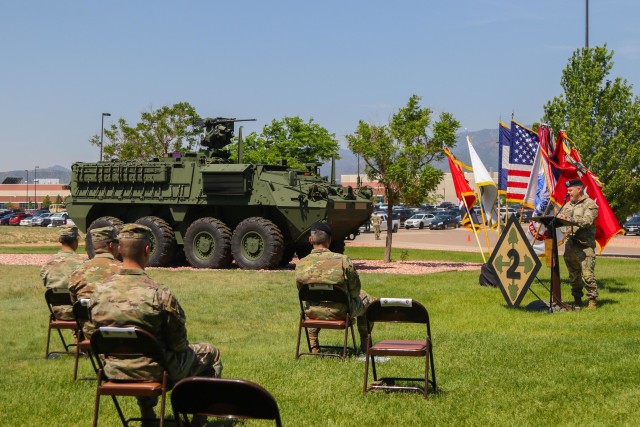 Col. Scott Knight, commander of the 2nd Stryker Brigade Combat Team, 4th Infantry Division, speaks about the brigade’s conversion process, June 15, 2020, during 2nd SBCT’s re-designation ceremony on Fort Carson, Colo. The 2nd Brigade Combat Team, formally known as an infantry brigade, announced its conversion from infantry to Stryker in September of 2018. 