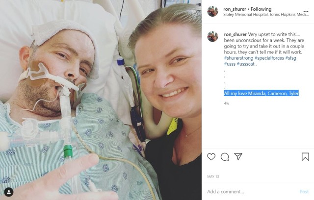 Medal Of Honor recipient Staff Sgt. Ronald Shurer II, a former 3rd Special Forces Group (Airborne) medic, shares a photo of him and his wife, Miranda, at Johns Hopkins Kimmel Cancer Center at Sibley Memorial Hospital, in Washington D.C., May. 13. 2020. 