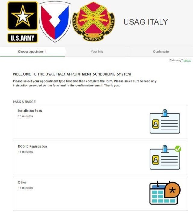 As U.S. Army Garrison Italy reopens services and activities, the garrison is launching an online appointment system that will make scheduling appointments easier for the Vicenza and Darby military communities. Shown in the photo is the user-friendly platform that will allow customers to book appointments.