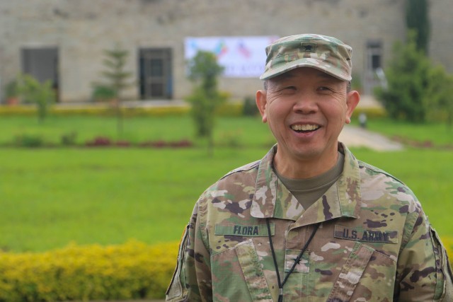 Brig. Gen. Lapthe C. Flora, the U.S. Army Africa deputy commanding general and co-director for exercise Justified Accord 2019, stands outside of the Peace Support Training Center in Addis Ababa, Ethiopia, July 15, 2019. JA19 is a U.S. Army Africa-led exercise designed to enhance the capacity and capability of participating international staff and forces in peacekeeping operations in support of the African Union Mission in Somalia. (U.S. Army photo by Sgt. Ian Valley)