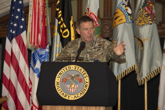 Chief of Staff of the Army Gen. James C. McConville addresses the Class of 2020 during the United States Military Academy’s Graduation Banquet Dinner at the Cadet Mess Hall, June 13, 2020 at West Point, New York.