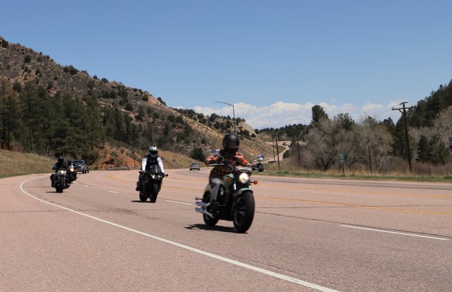 Riders from throughout 4th Sustainment Brigade, 4th Infantry Division stage their motorcycles and gear at the start of a brigade level motorcycle mentorship ride May 1 in the 68th Combat Sustainment Support Battalion’s parking lot on Fort Carson, Colorado. The mentorship ride allows leaders the opportunity to see the skill level of their riders, inspect the personal protective equipment and help train new riders. (U.S. Army photo by Sgt. James Geelen, 4th Sustainment Brigade Public Affairs Office, 4th Infantry Division)