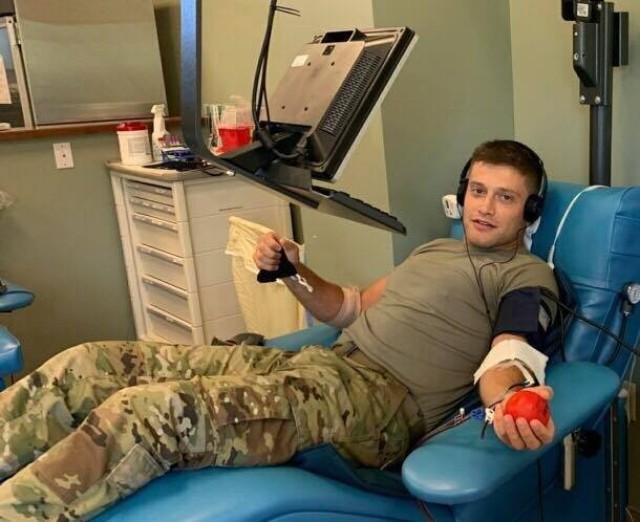 2nd Lt. Sam Zivot with 2nd Battalion, 11th Infantry Regiment, donates COVID-19 convalescent plasma June 4 at the Sullivan Memorial Blood Center on Fort Benning's Sand Hill.