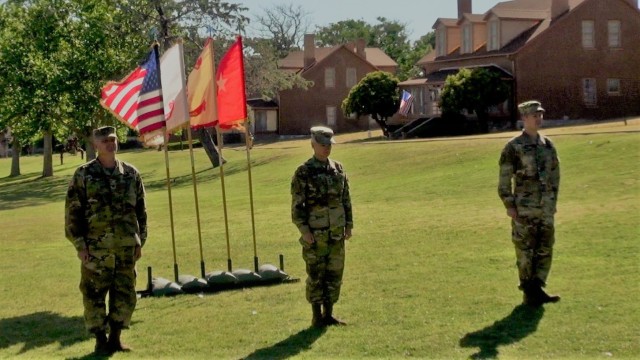 (Left to Right) Col. Jerrod P. Moreland, Maj. Gen. Laura A. Potter and Col. Chad O. Rambo during change of command ceremony on Brown Parade Field, Fort Huachuca.
