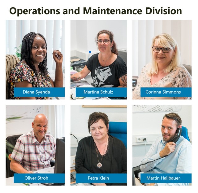 WIESBADEN, Germany – The Operations and Maintenance Division serves the U.S. Army Garrison Wiesbaden community from their rearranged office space June 15, 2020. Top row (left to right): Customer Service Representatives Diana Syenda, Martina...
