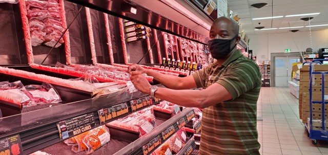 WIESBADEN, Germany - Eric Jones, Commissary store worker, restocks supplies May 28, 2020, at the Wiesbaden Commissary. Meat sold in the Commissary is sourced from the U.S. (U.S. Army photo by Kristen Beckman)