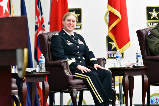 Brig. Gen. Heidi Hoyle, the Military Surface Deployment and Distribution Command&#39;s 22nd commanding general, smiles during a change of command ceremony, June 23, 2020 at Scott Air Force Base, Illinois. With a Surface Warrior workforce of over 5,000 transportation professionals and nine total force transportation brigades located throughout the world, SDDC moves, deploys and sustains the armed forces to deliver readiness and lethality at speed.