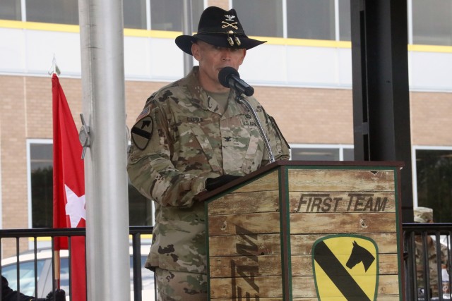 FORT HOOD, TX -- Col. Kevin Capra, outgoing commander of the 3rd Armored Brigade Combat Team “Greywolf,” 1st Cavalry Division gives his farewell remarks. The Brigade bid farewell to Capra and welcomed Reese during a change of command ceremony,...