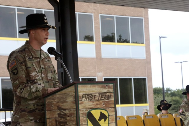 FORT HOOD, TX -- Col. Justin Reese, commander of the 3rd Armored Brigade Combat Team “Greywolf,” 1st Cavalry Division gives his welcoming remarks. The Brigade bid farewell to Col. Kevin Capra and welcomed Reese during a change of command...
