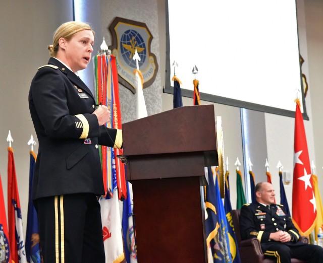 Brig. Gen. Heidi Hoyle, the Military Surface Deployment and Distribution Command&#39;s 22nd commanding general, delivers her welcome speech during a change of command ceremony, June 23, 2020 at Scott Air Force Base, Illinois. With a Surface...