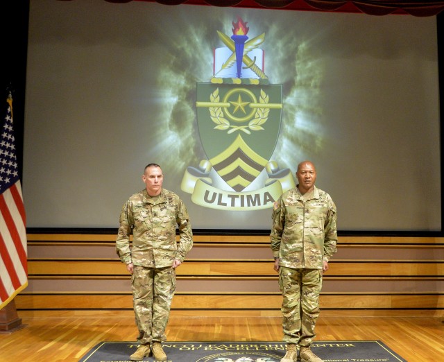 At the change of commandant ceremony that took place at the Cooper Lecture Center on Fort Bliss, is where Command Sgt. Maj. Jason Schmidt assumed responsibility of the students, Soldiers, families, and staff of the NCOLCoE and Sergeants Major Academy from Command Sgt. Maj. Jimmy Sellers, June 22.