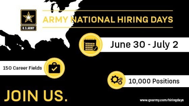 U.S. Army Recruiting Command plans to soon launch Army National Hiring Days, a major hiring event from June 30 to July 2, 2020, that aims to place 10,000 more recruits in boots.