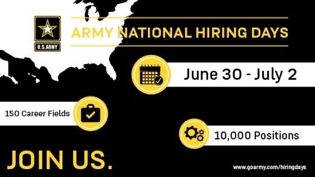 U.S. Army Recruiting Command plans to soon launch Army National Hiring Days, a major hiring event from June 30 to July 2, 2020, that aims to place 10,000 more recruits in boots. 