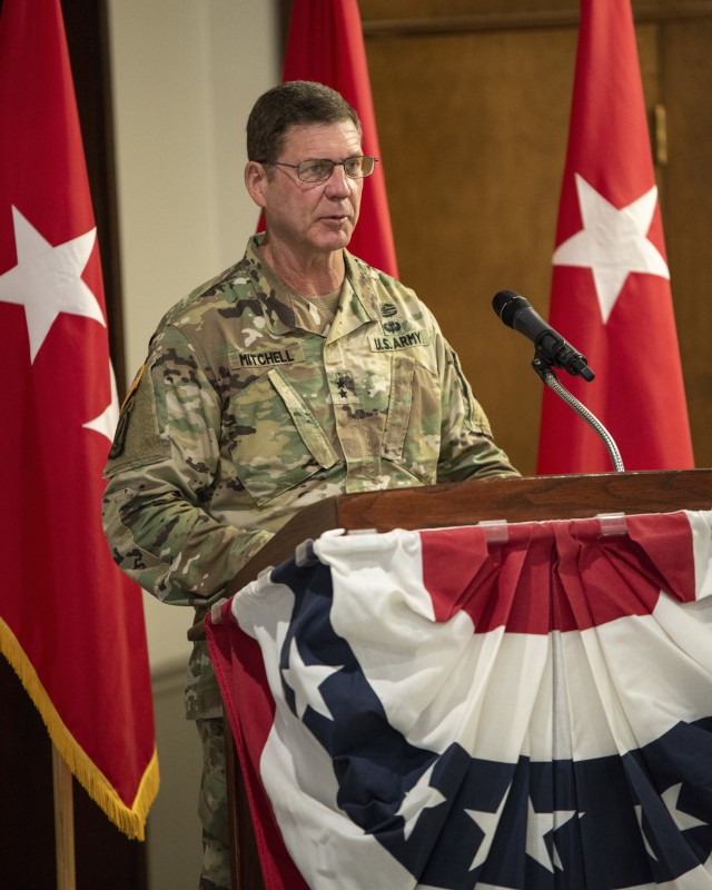 Maj. Gen. Daniel G. Mitchell, incoming commanding general of ASC, speaks during a change of command ceremony held at Rock Island Arsenal, Illinois, on June 24.