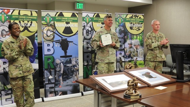 The 20th CBRNE Command's Command Sgt. Maj. Henney Hodgkins, Brig. Gen. Antonio Munera and Col. Pat Nikkila virtually present the Command's 2020 Best Warrior winners their awards during a virtual ceremony June 18. The winners will compete at the U.S. Army Forces Command Best Warrior Competition in August.