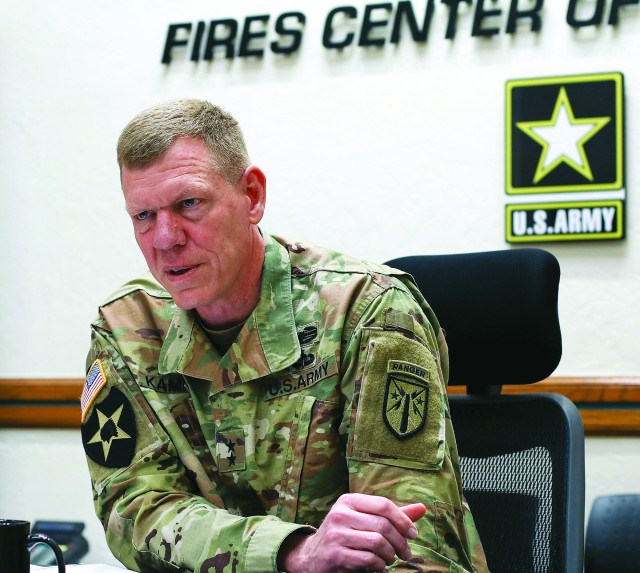Maj. Gen. Kenneth Kamper, Fires Center of Excellence and Fort Sill commanding general, addresses news outlets during a March 18, 2020, conference call at Fort Sill, Oklahoma. Kamper has met with other post leaders to present a weekly town hall on...