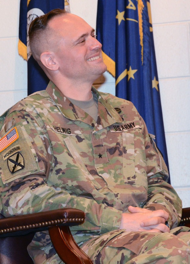 FORT LEE, Va. -- Outgoing Chief of Transportation Brig. Gen. Jered Helwig laughs at CASCOM and Fort Lee Commanding General Maj. Gen. Rodney D. Fogg’s comment during the Transportation Corps Virtual Change of Command ceremony June 15 at Wiley Hall auditorium.