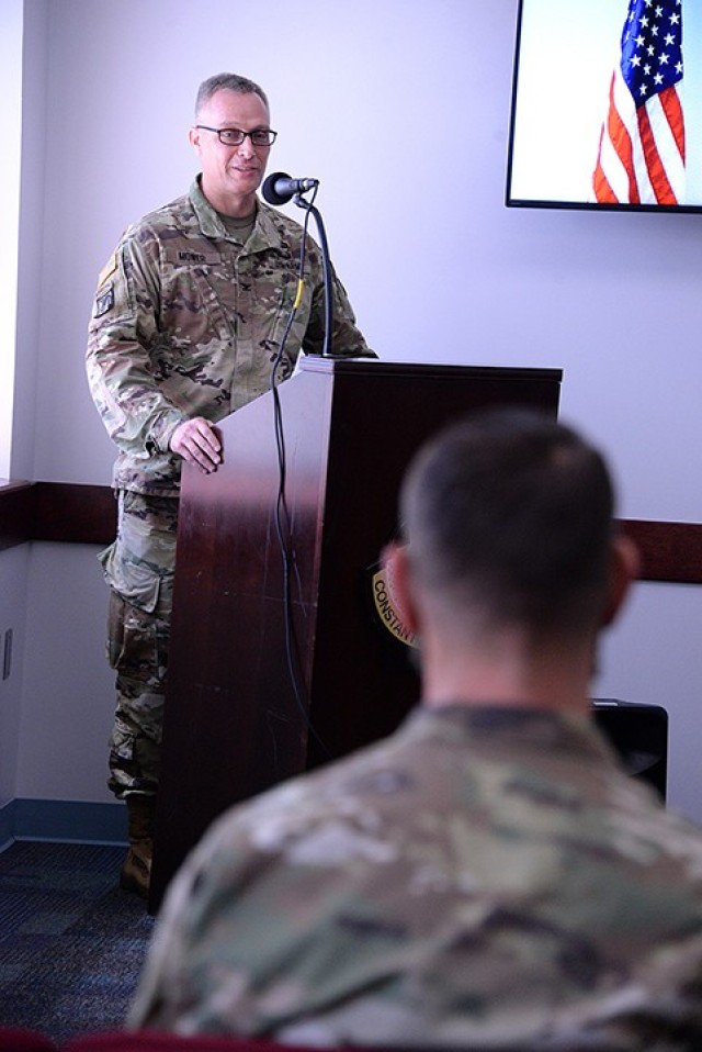 Outgoing Medical Department Activity and Munson Army Health Center Commander Col. Scott Mower addresses incoming MEDDAC and MAHC Commander Col. Garrick Cramer, a few present guests and ceremony participants, and viewers online during the change of command between Mower and Cramer June 24 at MAHC. The ceremony was broadcast live on Facebook and only attended by a few people to adhere to COVID-19 precautions and social distancing guidelines. Photo by Prudence Siebert/Fort Leavenworth Lamp