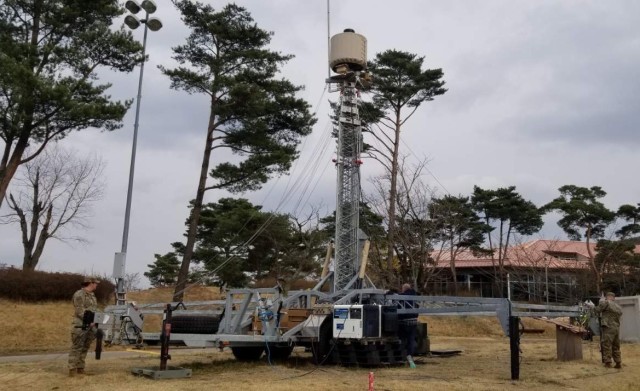 Personnel supporting Tobyhanna Army Depot’s Regional Support Center in Korea, deploy a counter unmanned aerial system radar platform so technicians can teach ground crews how to operate and deploy the Army asset. (U.S. Army photo)