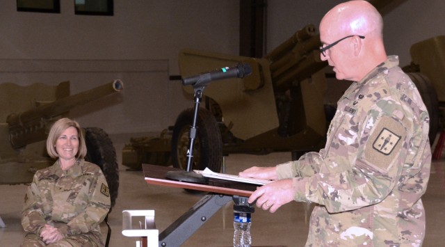 FORT LEE, VA. -- Maj. Gen. Rodney D. Fogg, CASCOM and Fort Lee commanding general, praises Brig. Gen. Michelle M. T. Lechter ’s leadership skills during his speech welcoming her to Fort Lee in a ceremony June 16 at the Ordnance Training Support Facility.