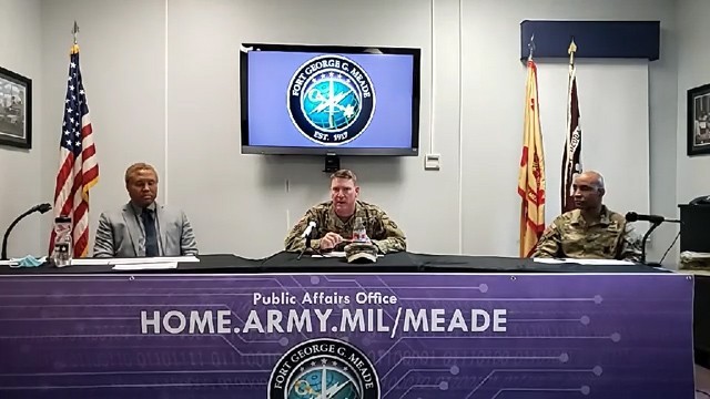 Garrison Commander Col. Erich C. Spragg is joined by Col. Tracy Michael (right) and Francisco Jamison, division chief of Child and Youth Services, at the Facebook Live Town Hall on June 18.