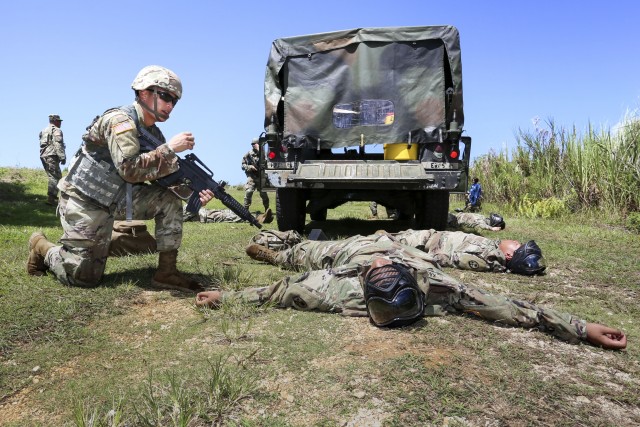 Officer candidates from the Guam National Guard, and ROTC Cadets from the University of Guam, train together in Barrigada on June 17. The joint exercises mark the first coordinated training effort between the two commissioning sources in over 10...