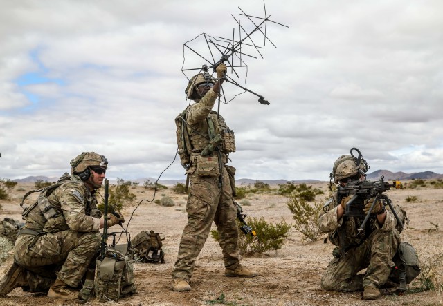 Soldiers assigned to 1st Stryker Brigade Combat Team, 2nd Infantry Division, Joint Base Lewis-McChord, Washington, use satellite communication systems during Decisive Action Rotation 20-05 at the National Training Center (NTC), Fort Irwin, California, March 10, 2020. Like other 5G-enabled wireless technologies, directional beamforming is regarded as a technology that can enhance network resiliency. 