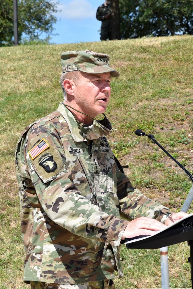 Chief of Staff of the U.S. Army, Gen. James C. McConville, addresses the audience during the Assumption of Command ceremony for the U.S. Army Surgeon General and Commanding General, U.S. Army Medical Command, on Fort Sam Houston, Texas, on June...