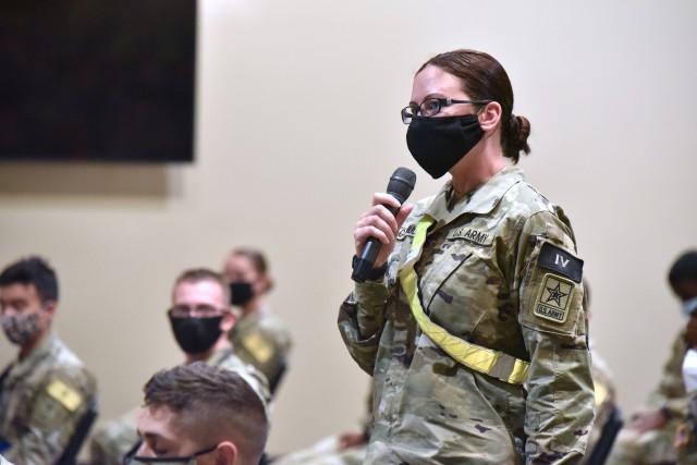PFC Stacey Catmull was inspired to serve in Army Medicine after she found herself rendering aide to victims of the Las Vegas Shooting in 2017. She was one the AIT Soldiers sharing her story at the MEDCoE Army National Hiring Days Soldier Forum.