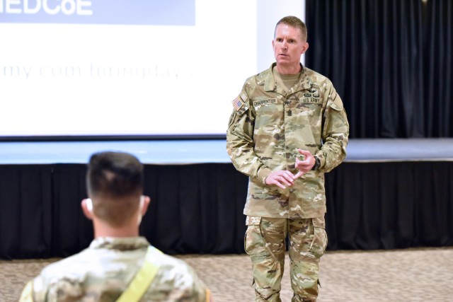 Command Sgt. Maj. Clark Charpentier, U.S. Army Medical Center of Excellence Command Sergeant Major, speaks to soldiers during the MEDCoE Army National Hiring Days Soldier Forum on June 30, 2020 at Joint Base San Antonio-Fort Sam Houston, Texas. Spread out through several sessions that adhere to COVID-19 countermeasures, the MEDCoE Army National Hiring Days Soldier Forum reached nearly 600 soldiers.