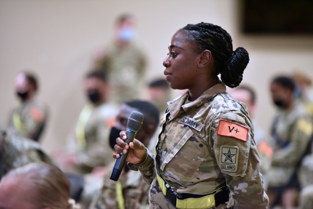PFC Tasha-Raye Hall said she joined the Army to make a better life for her young son. She was one the AIT Soldiers sharing her story at the MEDCoE Army National Hiring Days Soldier Forum.
