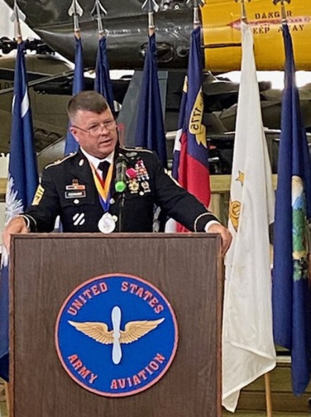 Command Sgt. Maj. Jerry Cowart Jr. speaks at his retirement ceremony, held at the U.S. Army Aviation Museum at Fort Rucker, Alabama, June 24. (Photo Credit: Holly Sterling)