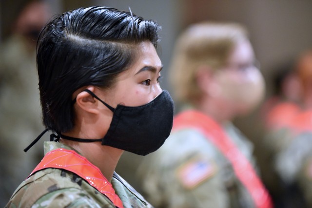 Pvt. Meiling Durzinsky, who is in Advanced Individual Training at the MEDCoE, to become a 68T Animal Care Specialist, listens to the presentation during the MEDCoE Army National Hiring Days Soldier Forum on June 30, 2020 at Joint Base San Antonio-Fort Sam Houston, Texas. Spread out through several sessions that adhere to COVID-19 countermeasures, the MEDCoE Army National Hiring Days Soldier Forum reached nearly 600 soldiers.