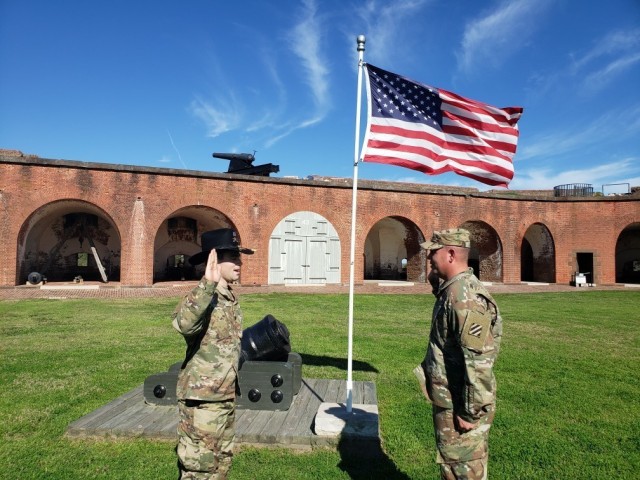 Sgt. Shawn Lackey and Cpt. Gabriel Rogow, both from the 5th Squadron, 7th Cavalry Regiment, 1st Armored Brigade Combat Team, 3rd Infantry Division, conduct a reenlistment at the historic Fort Pulaski in Savannah, Ga., Dec. 3rd, 2019. When Soldiers...