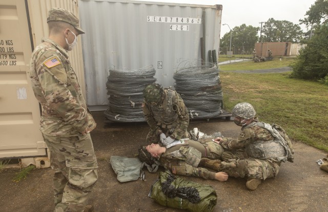 U.S. Army Soldiers assigned to 317th Brigade Engineer Battalion, 3rd Brigade Combat Team, 10th Mountain Division, participates in a combat lifesaver class, June 22 – 26, 2020, at Fort Polk, Louisiana, taught by combat medics assigned to the Headquarters and Headquarters Company medical platoon. The class consisted of three days of classroom instruction, a written test, and hands on training during the simulated trauma lanes. (U.S. Army photo by Staff Sgt. Ashley M. Morris)