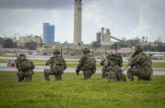 Paratroopers of the 4th Infantry Brigade Combat Team (Airborne), 25th Infantry Division, U.S. Army Alaska, demonstrate a joint forcible entry into Andersen Air Force Base, Guam, June 30. The Army’s airborne brigade provides the Joint force the...