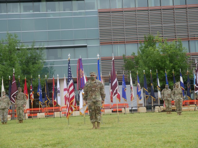 Brig. Gen. Shan K. Bagby is introduced as the new commanding general for Brooke Army Medical Center after a change of command ceremony, June 26, 2020. (U.S. Army photo by Gerardo Estrada)