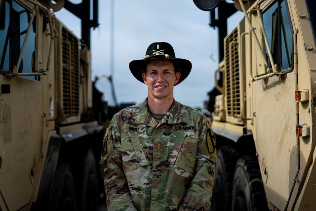 2nd Lt. Seth Hart a logistical officer and platoon leader with 154th Composite Transportation Company, 553rd Combat Sustainment Support Battalion, 1st Cavalry Division Sustainment Brigade, poses for a portrait photo, Fort Hood, Texas, June 25, 2020.