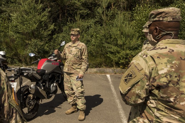 Capt. Stephen Halsmer, assigned to 10th Army Air and Missile Defense Command conducts Motorcycle safety training near Rhine Ordnance Barracks, Kaiserslautern, Germany on July 1, 2020.