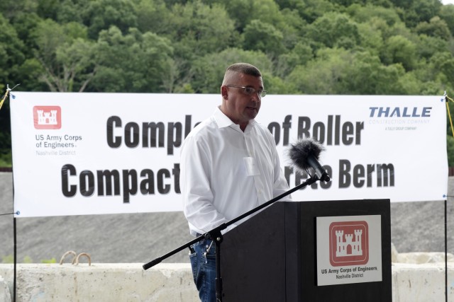 Steve Kohler, president and chief executive officer of Thalle Construction Corporation, speaks about the technical processes of constructing a roller compacted concrete berm and challenges the contractor faced and overcame during a ceremony July 1, 2020 in Silver Point, Tennessee, celebrating the completion of the $50 million RCC berm that stabilizes the left rim of Center Hill Lake and reduces risk of both an internal erosion foundation failure and a potential overtopping failure mode at the saddle dam. (USACE Photo by Leon Roberts)