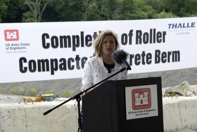 Tennessee District 40 Rep. Terri Lynn Weaver addresses guests at the Center Hill Lake Auxiliary Dam July 1, 2020 during a ceremony celebrating the completion of the last phase of repairs for the $353 million Center Hill Dam Safety Rehabilitation Project. The U.S. Army Corps of Engineers Nashville District recently finished constructing a roller compacted concrete berm to reinforce the auxiliary dam at Center Hill Lake, a secondary earthen embankment that fills a low area in the landscape just east of the main dam. (USACE Photo by Leon Roberts)